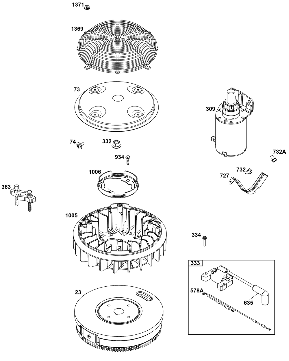 Flywheel, Ignition, And Starter Group Diagram and Parts List for 386777-0154-G1  Briggs and Stratton Engine